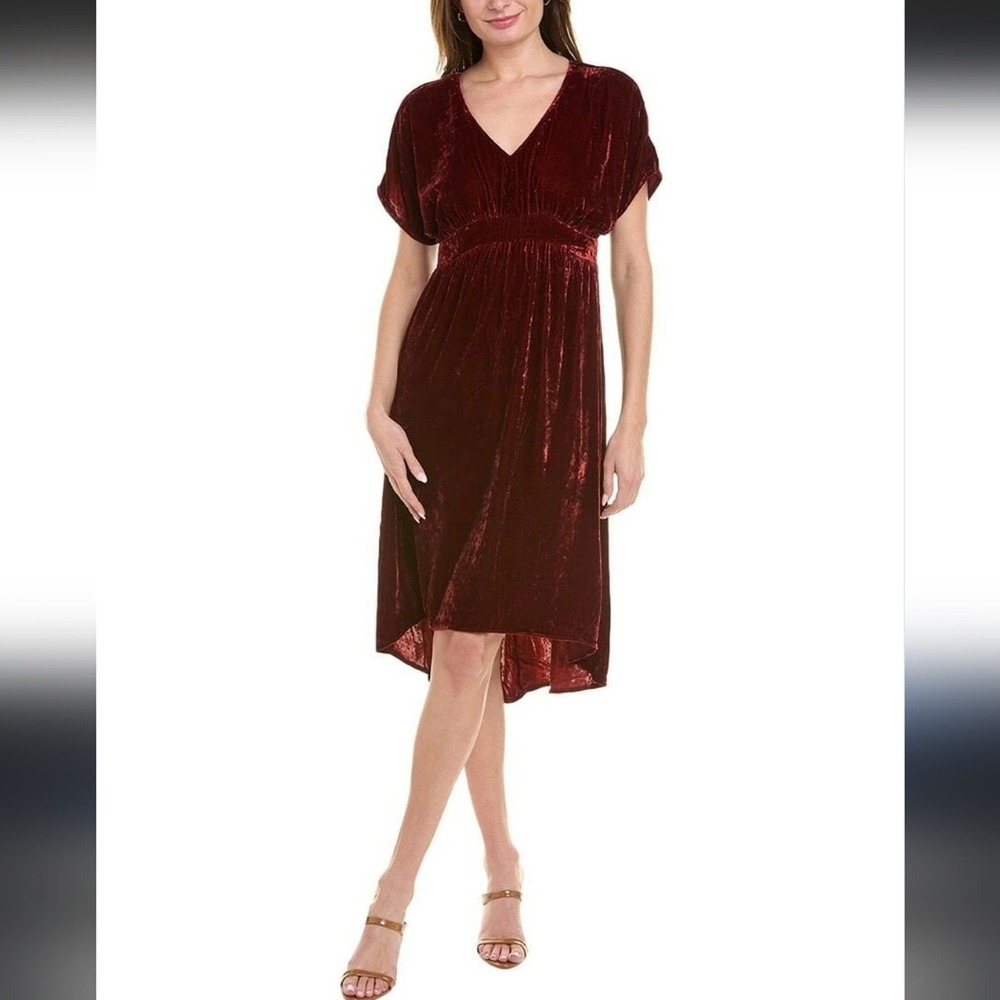 CABI Short Sleeve Tribute Velour Burgundy Midi‎ Asymmetric Dress Medium